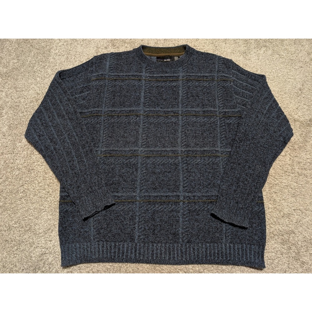 Bill‎ Blass Mens Blue Plaid Knit Sweater XL Crew Neck Long Sleeve Casual